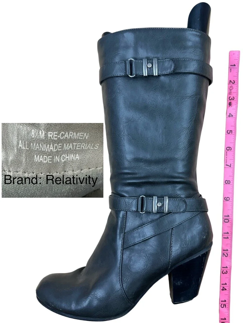 Relativity Black/Dark Grey Mid Calf Buckle Strap Boots